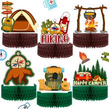 6 stykker Happy Camper Honeycomb Centerpieces Sommer Camping Festdekoration Lejrb?l Eventyr Bj?rne Skilt Camping Tema Kager Kuglebordd?kker til b