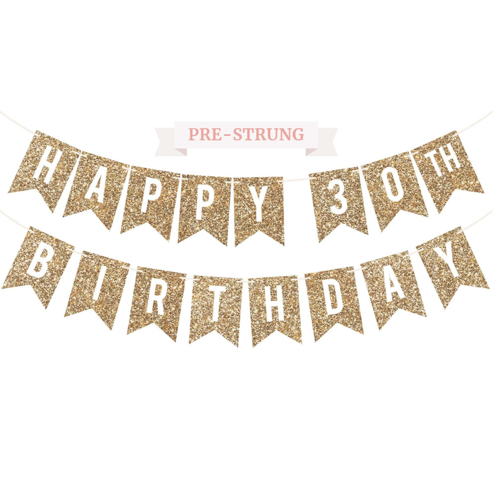 Pre-Strung Happy 30th Birthday Banner - NO DIY - Gold Glitter 30th Birthday Party Banner - Pre-Strung Garland on 6 ft Strands - Gold Birthday Party D-image-OPC-PM8QJB2-NEW