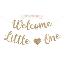 Pre-Strung Welcome Little One Banner - NO DIY - Gold Glitter Baby Shower Gender Reveal Party Banner in Script - Pre-Strung Garland on 6 ft Strand