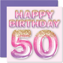 Stuff4 50th Birthday Card for Women - Pink & Purple Glitter Balloons - Happy Birthday Cards for 50 Year Old Woman Mom Nanny Grandma Gran Auntie 5.7