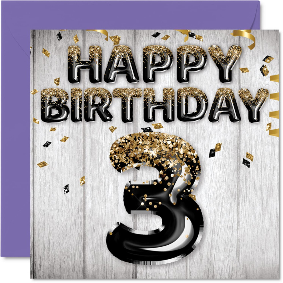Stuff4 Boys Black/Gold 3Rd Birthday Card For - & Glitter Balloons - Happy Birthday Cards For 3 Year Old Son Brother Grandson Cousin 5.7 X 5.7 In
