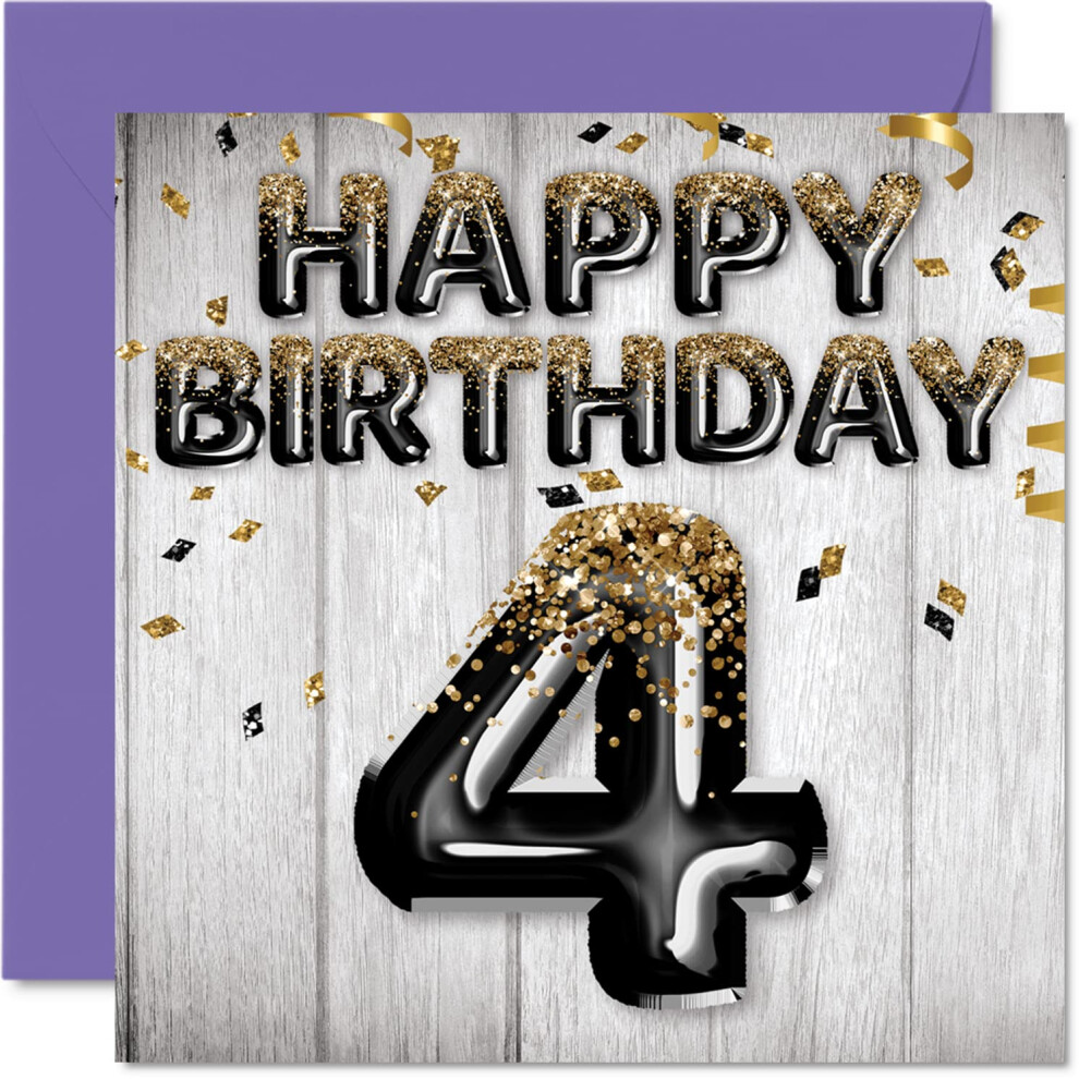 Stuff4 Boys Black/Gold 4Th Birthday Card For - & Glitter Balloons - Happy Birthday Cards For 4 Year Old Son Brother Grandson Cousin 5.7 X 5.7 In