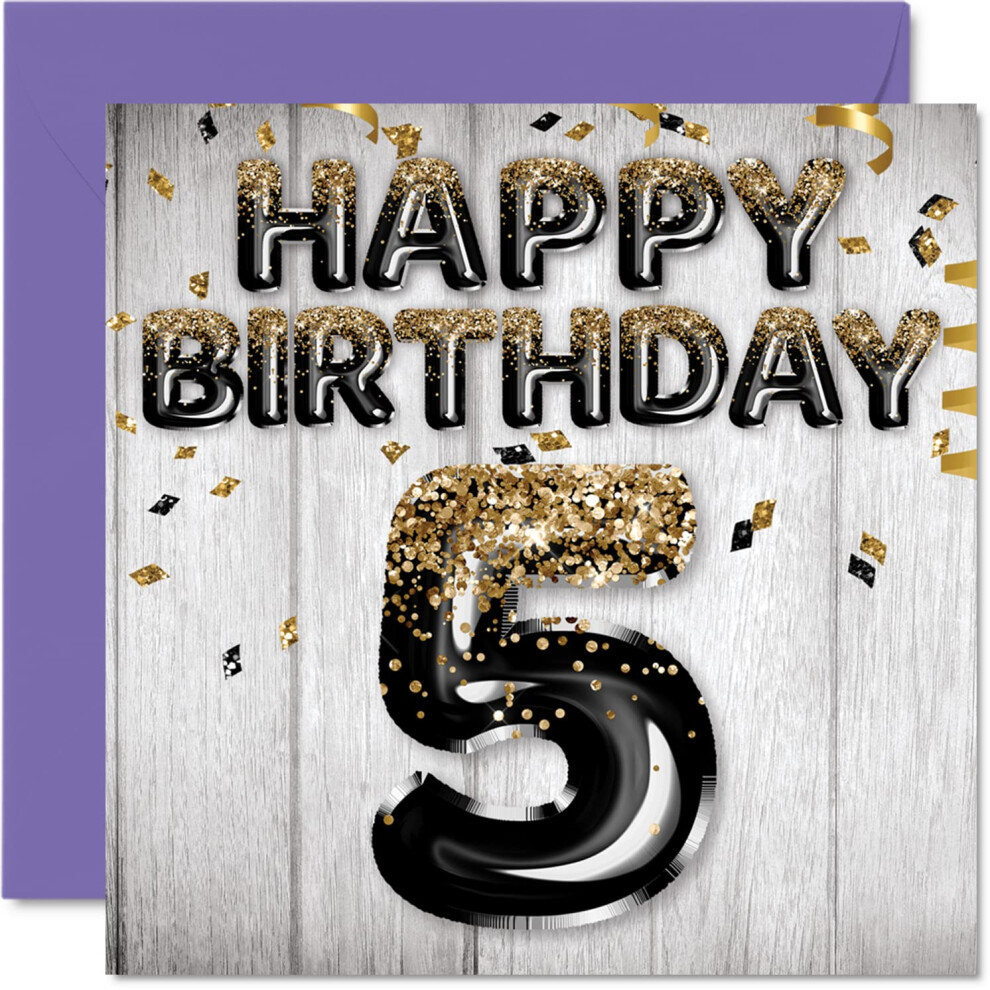 Stuff4 Boys Black/Gold 5Th Birthday Card For - & Glitter Balloons - Happy Birthday Cards For 5 Year Old Son Brother Grandson Cousin 5.7 X 5.7 In