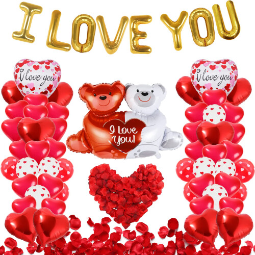 55 Pack Valentine's Day Balloons with 1000 Pcs Silk Rose Petals - I LOVE YOU Balloons, Heart Balloons, Love-Bear Balloons for Anniversary Valentine