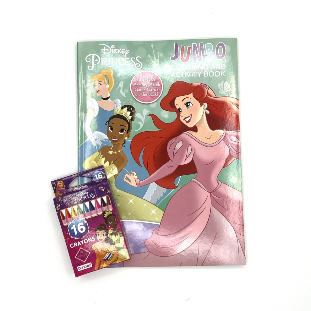 Disney Princess Coloring Book And Activity - Little Mermaid Ariel - Cinderella - 16 Colors Crayons - Jumbo 64 Pages - Bonus Memory Match Game Card