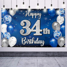 Nelbiirth Happy 34th Birthday Dekorace 34. Modr a strbrn baln velk narozeninov banner pozad znamen 34th Bday Party potreby.