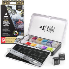 ARTEZA Aquarellfarben-Set, 12 Metallic-Aquarellfarben, Glitzer-Aquarellfarbe in halben Npfchen, Reise-Aquarell-Set