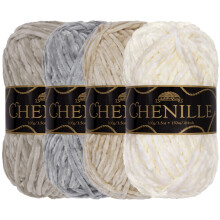 JubileeYarn Chenille-garn - kamgarn - 100 g/n?ste - nuancer af hvid - fl?jl i assorterede farver - H?kle- og strikkegarn - 4 n?gler