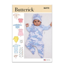 Butterick Spdbarnsjacka Toppar Klnning Rompers Bljaverdrag och hatt Symnstersats Designkod B6970 Storlekar XXS-XS-S-M-L Flerfrgad