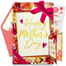Koristeellisesti kullalla pllystetty ja kuvioitu 5x8 tuuman yksittinen Happy Mothers Day -korttisetti, jossa on nauha ja kukkakuvioinen korttisett