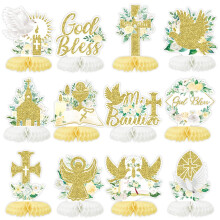 Tarklanda 12 stk. d?b honeycomb centerpieces Festindretning Hvid Gud Eid Bless Cross Religi?st d?bsbord Centerpieces til Baby Shower F?rste nadve