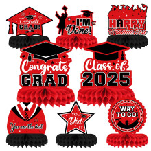 PERFQU 8 stykker Klasse af 2025 Graduation Borddekorationer - 2025 Tillykke Grad Honeycomb Centerpieces R?d Sort Graduation Table Tops Decoration
