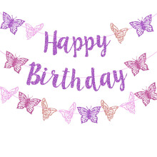 Butterfly F?dselsdagspynt Lilla Glitter Butterfly Tillykke med f?dselsdagen Party Banner til for?ret Sommerfugltema Gender Reveal Baby Shower 1.