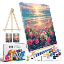 JOOZ Paint by Numbers Kit felnotteknek keretes virgokkal Paint by Numbers for Adults Seaside Sunset Paint by Number with festollvny DIY tulipn ol