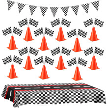 Racerbiler F?dselsdagsdekorationer - Racecar Centerpiece dekorationskit til b?rn - (12) Orange trafikkegler (24) Ternet flag plastikdug (54""""x108