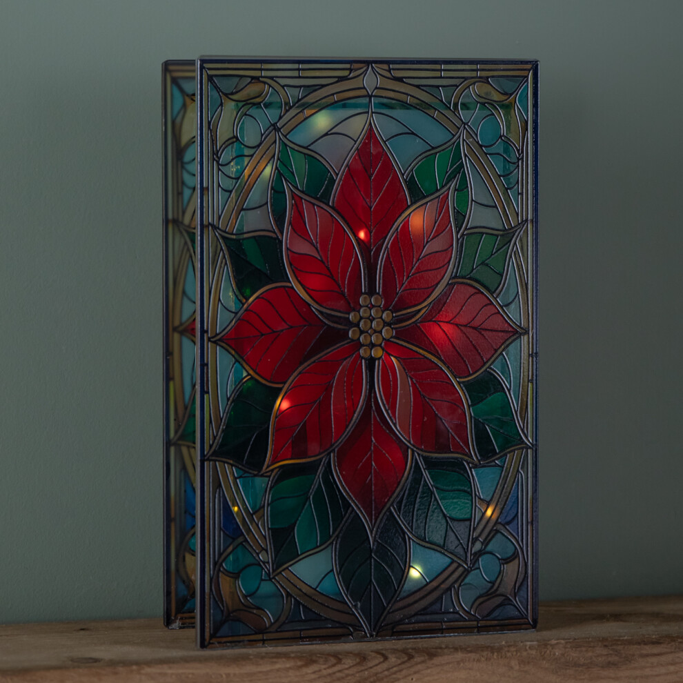 Premier 21Cm Battery Operated Up Double Sided Stained Glass Poinsettia Decoration With Leds Light
