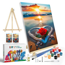 JOOZ Kit Dipingi con i Numeri per Adulti con Cornice Spiaggia Tramonto Dipingi con i Numeri con Cavalletto Fai da Te Spiaggia Rosa Pittura a Olio