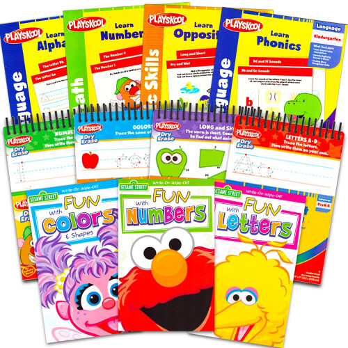 Hasbro Playskool Kindergarten Pre K Learning Study Bulk Activity Set - Workbook Dry Erase Board Bundle | Alphabet Numbers Math Counting More | Sesame St