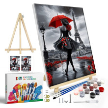 JOOZ Paint by Numbers Kit felnotteknek kerettel Eiffel-torony Festk szm szerint festollvnnyal Barkcsol no olajfestmny szm szerint piros esern