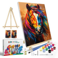 JOOZ Paint by Numbers Kit til voksne med ramme Hestemaling efter nummer med staffeli DIY Farverigt hesteoliemaleri efter Numbers Voksen maling ef