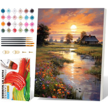 Indrammet maling efter numre S?t til voksne Begynder landskabssolnedgang Voksen maling efter nummer s?t p? l?rred Riverside Cabin Oliemaleri efte