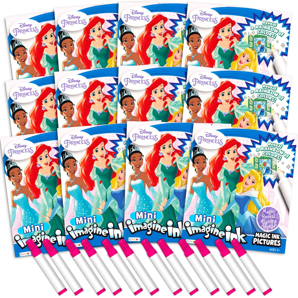 Disney Princess Imagine Ink Coloring Book Set - 12 Pack No Mess Coloring Books | Princess Party Favors Bundle For Kids