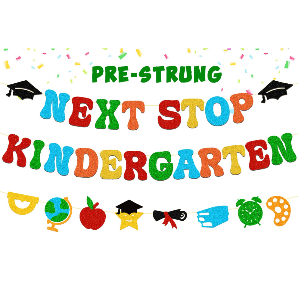NO-DIY Glittery Preschool Graduation Banner Next Stop Kindergarten Banner for Prek Grad Decorations Pre-k Graduation Decor 2025 Preschool Grads Deco-image-OPC-PM8R7PN-NEW