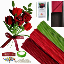 YYUENG TAK 200 pcs Red Pipe Cleaner Flowers Craft kit for DIY Rose Bouquet with tutoria Chenille Stem Flowers Craft with 12 pcs Green Floral Wires Ga