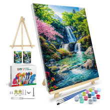 JOOZ Verf op nummer Kit voor volwassenen met frame Landschap Verf op nummer met schildersezel Bergwaterval Verf op nummer Canvas DIY Landschap olieve