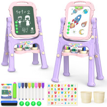 YOHOOLYO Kinder-Staffelei, stehende Kunst-Staffelei fr Kinder, doppelseitige Kinder-Staffelei, rosa, lila, magnetische Tafel, Whiteboard, Trocke