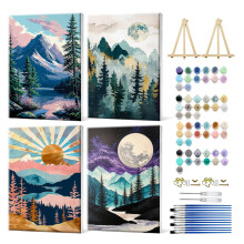 JOOZ 4-pak indrammet maling efter numre Kit til voksne Mountain Sunset Maling efter nummer med staffeli DIY Moon Lake Voksen maling efter nummer