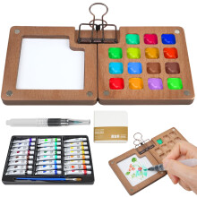 Mini-verfpalet-reisset Mini-reis-aquarelpaletset Pocket Artist Waterkleursets met aquarelpennen, bindmiddelclips, inclusief 24 kleuren verf voor begi