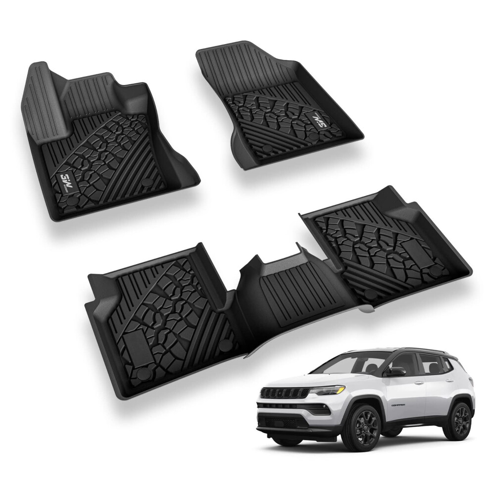 3W Floor Mats Fit For 2017-2025 Jeep Compass Tpe All Weather Custom Fit First And Second Rows Full Set Car Mats Black 681385406443