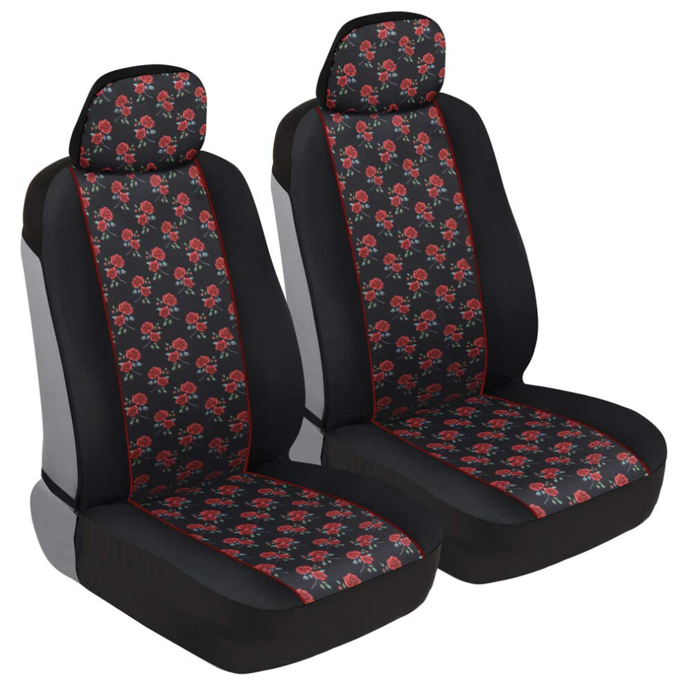 Bdk Rose Car Seat Covers For Front Seats 2 Pack - Flower Pattern Front Seat Cover Set With Matching Headrest Sideless Design For Easy Installat Red 826942659270