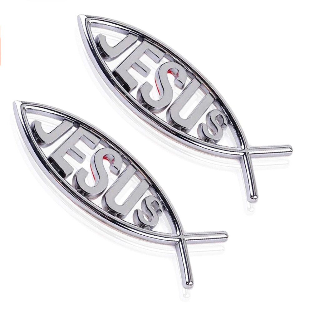 Meetcute 2Pcs Jesus Fish Decal Sticker 3D Car Chrome Decal Emblem Sticker Religious God For Jesus Christian Fish Symbol Silver 710654043932