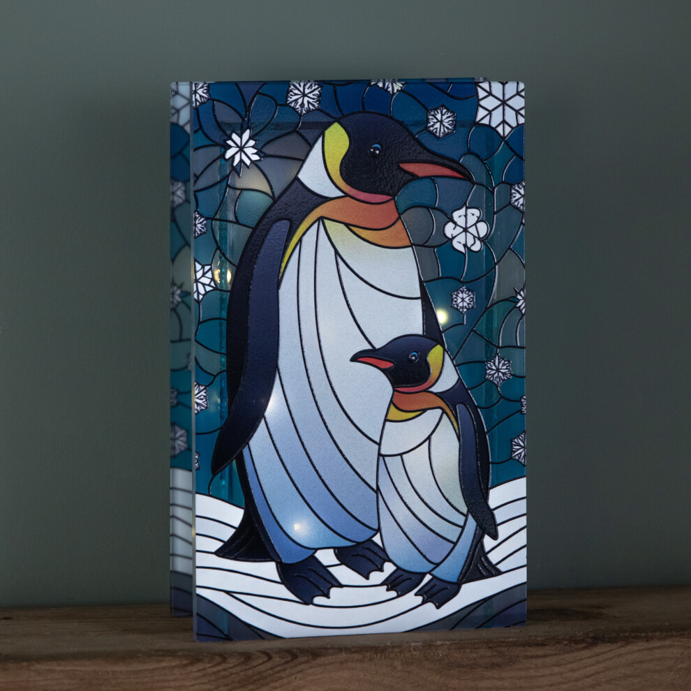 Premier 21Cm Battery Operated Light Up Double Sided Stained Glass Mother & Baby Penguin Decoration With Leds