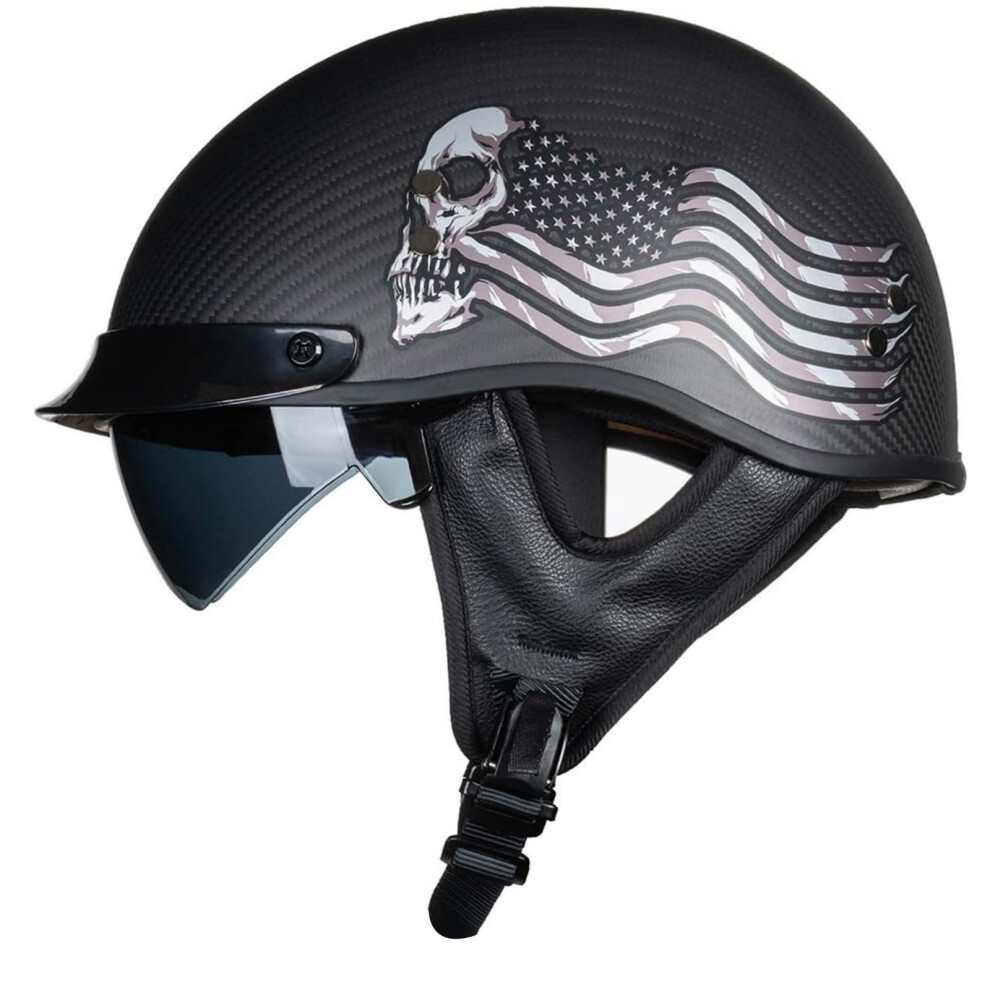 Carbon Fiber Open Face Retro Motorcycle Helmets Men Women Half Face Helmets For Motorbike Cruiser Chopper Moped Scooter Atv (Flag Skull M) 631384047185
