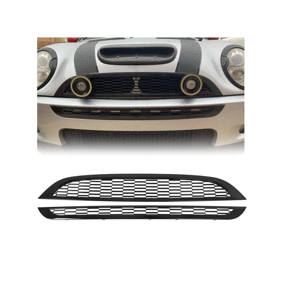 Hecasa Front Upper & Lower Grill Compatible With 2002-2006 Mini Cooper & S R50 R52 R53 Bumper Honeycomb Mesh Grille Black 768067225704
