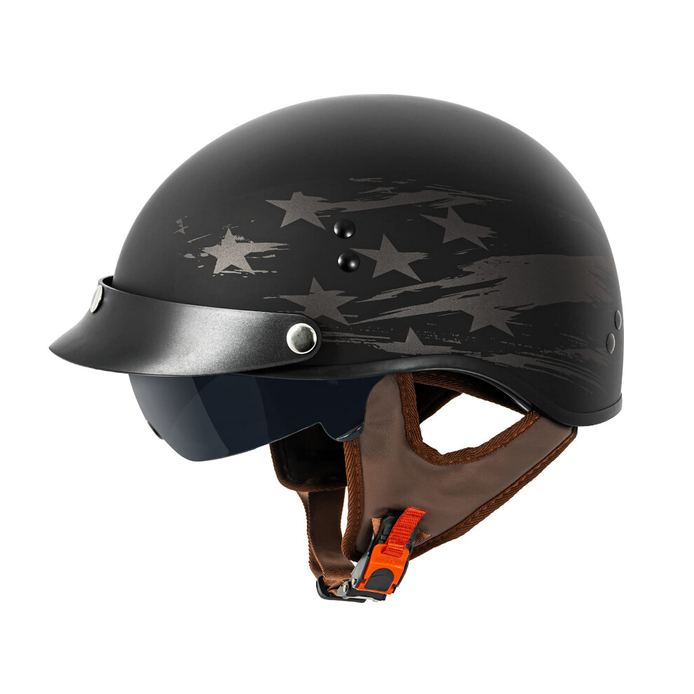 VCAN Cruiser Solid Flat Black Half Face Motorcycle Helmet with Drop-Down Sun Visor Removable Peak and Quick Release Buckle (Star Trail X-Large)-image-OPC-PM8STTN-NEW