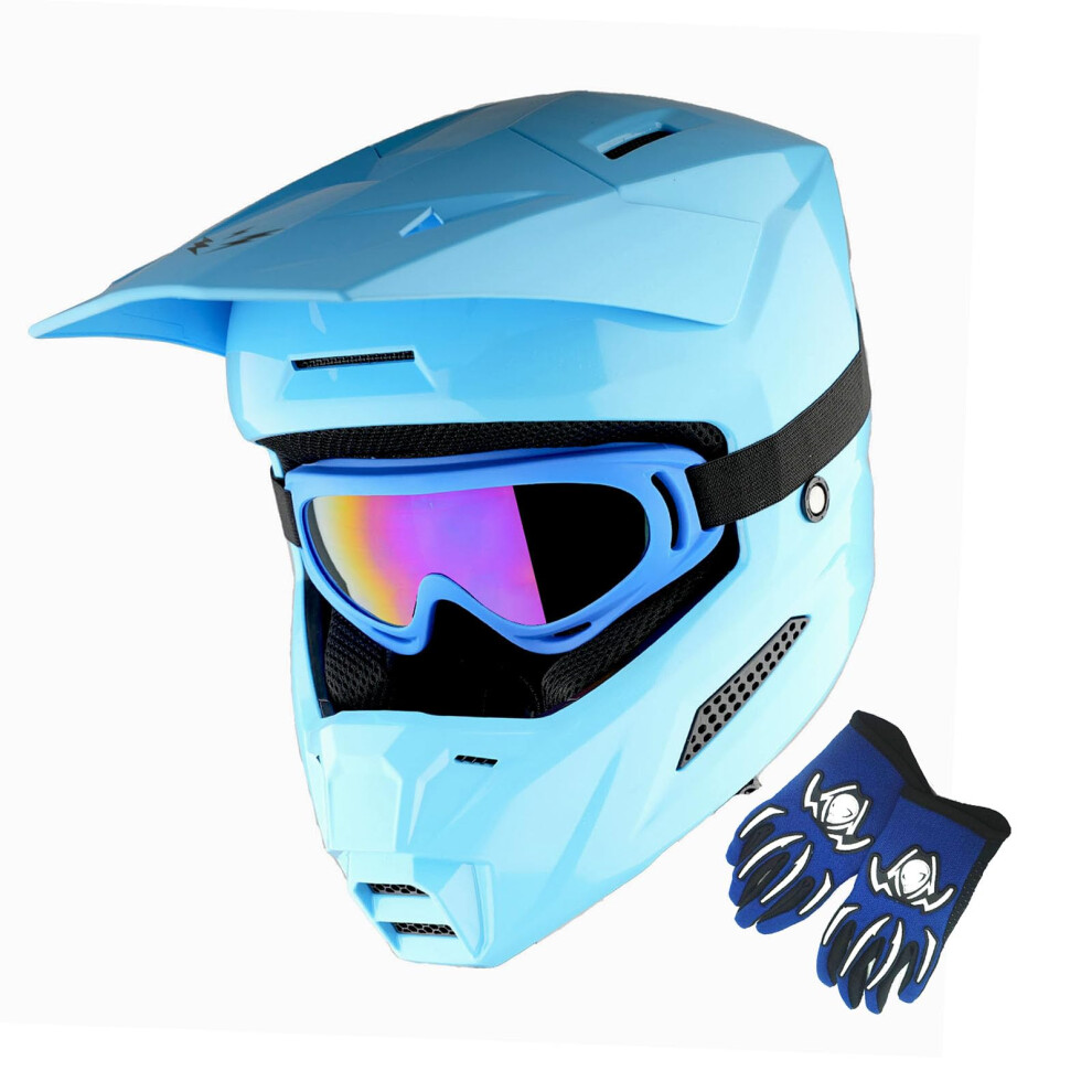 1Storm Youth Kask Motocrossowy Atv Bmx Mx Dirt Bike Go Kart Skate Kask Dzieciecy Multi Sports Nastolatek Blyszczacy Cyjan + Gogle + Zestaw Rekawiczek-image