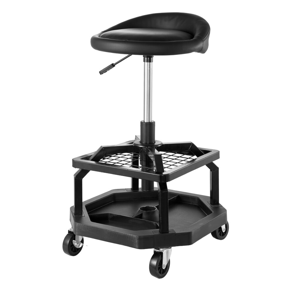 Vevor Industrial Pneumatic Garage Seat/Work Stool With 300 Lbs Capacity Adjustable Height Roller Creeper Seat 360 Swivel Padded Workshop Stoo Black