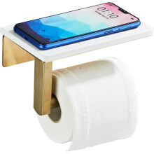 (Brushed Gold) Matte Black Toilet Paper Holder with Shelf, 304 Stainless Steel Screw Wall Mounted, Marble Tissue Roll Holder with Storage