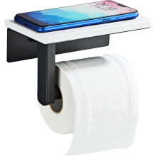 (Matte Black) Matte Black Toilet Paper Holder with Shelf, 304 Stainless Steel Screw Wall Mounted, Marble Tissue Roll Holder with Storage