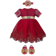 Lilax Baby Mädchen Neugeborene Spitze Prinzessin Hochzeitskleid 4-teiliges Deluxe-Set 3-6 Monate Rot