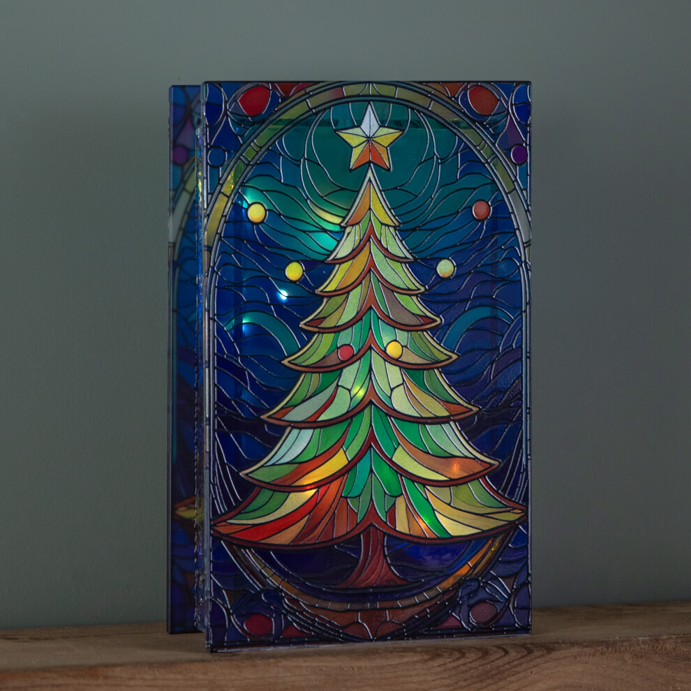 Premier 21Cm Battery Operated Double Sided Stained Glass Christmas Tree Decoration With Leds Light