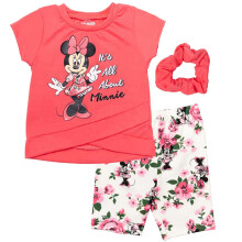 Disney Minnie Mouse Kleinkind-Mdchen-Crossover-T-Shirt, Fahrradshorts und Haargummi, 3-teiliges Outfit, Blumenmuster, Koralle/Wei, 3T