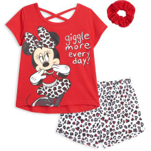 Disney Minnie Mouse Kleinkind Mdchen T-Shirt French Terry Shorts und Scrunchie 3-teiliges Outfit-Set Rot Leopard 4T