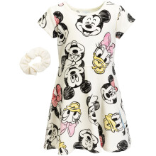 Disney Mickey Mouse Minnie Mouse Donald Duck Batole Girls French Terry Skater Dress and Scrunchie White 4T