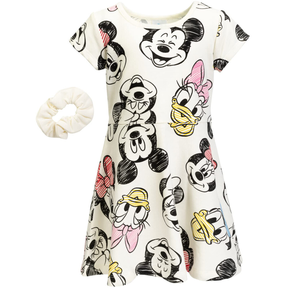 Disney Mickey Mouse Minnie Mouse Donald Duck Toddler Girls French Terry Skater Dress And Scrunchie 5T White