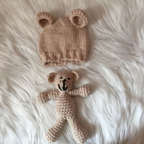 gebreide pasgeboren met gehaakte beer (beige) 2